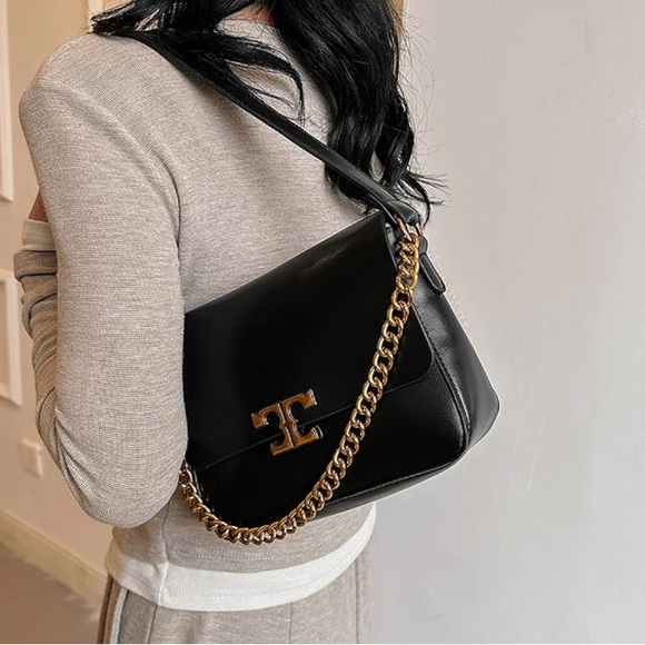 New Designer Inspired Vegan Faux Leather Shoulder Bag Golden Chain Strap NWT - Picture 2 of 15